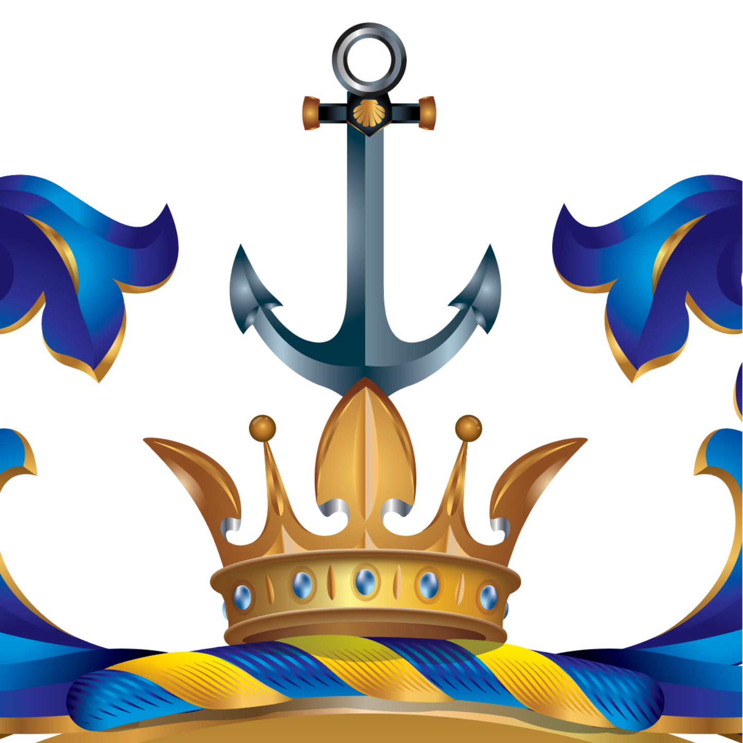 A close up of the family crest featuring a gold crown, a dark blue anchor, and blue mantling with gold trim on a white background.