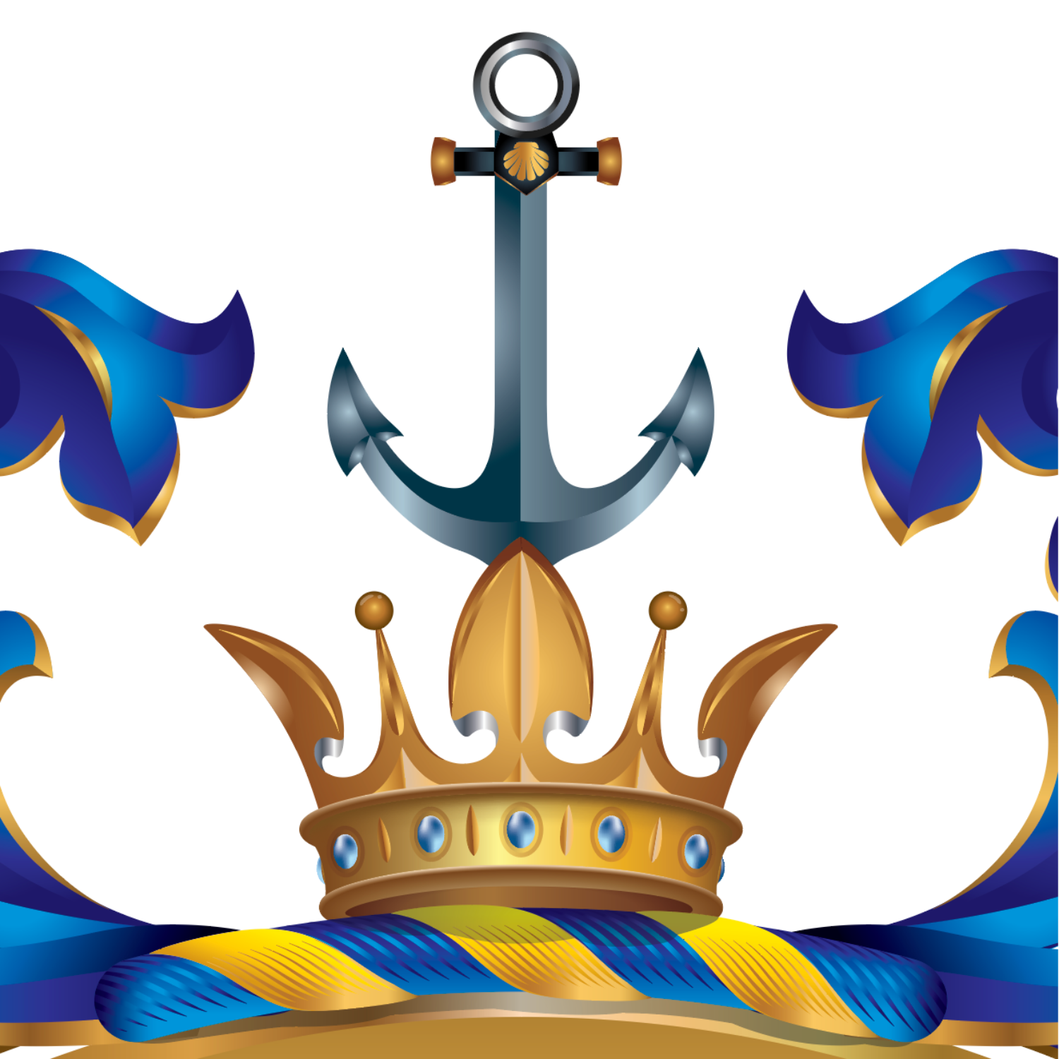 A close up of the family crest featuring a gold crown, a dark blue anchor, and blue mantling with gold trim on a white background.