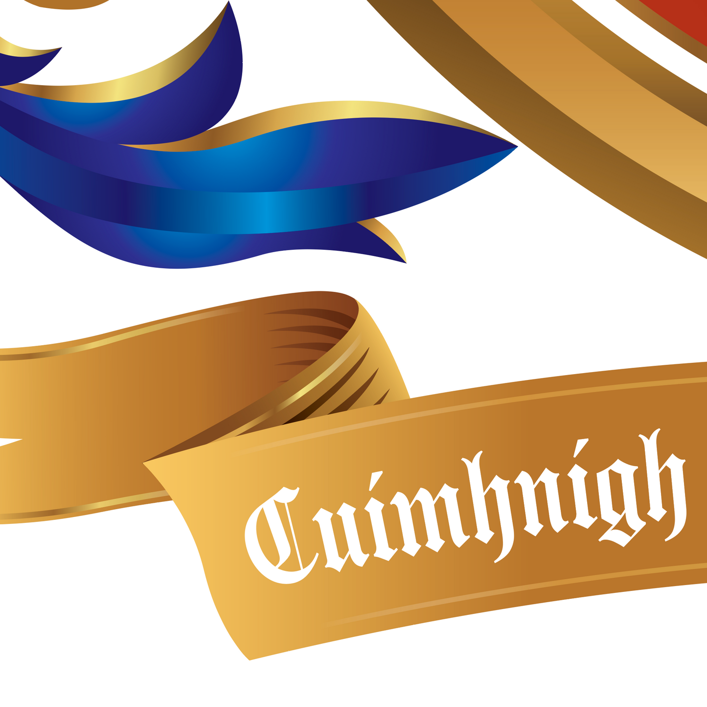A close-up graphic of a gold motto ribbon banner with white gothic lettering reading 'Cuimhnigh' on a white background, with blue and gold mantling above.