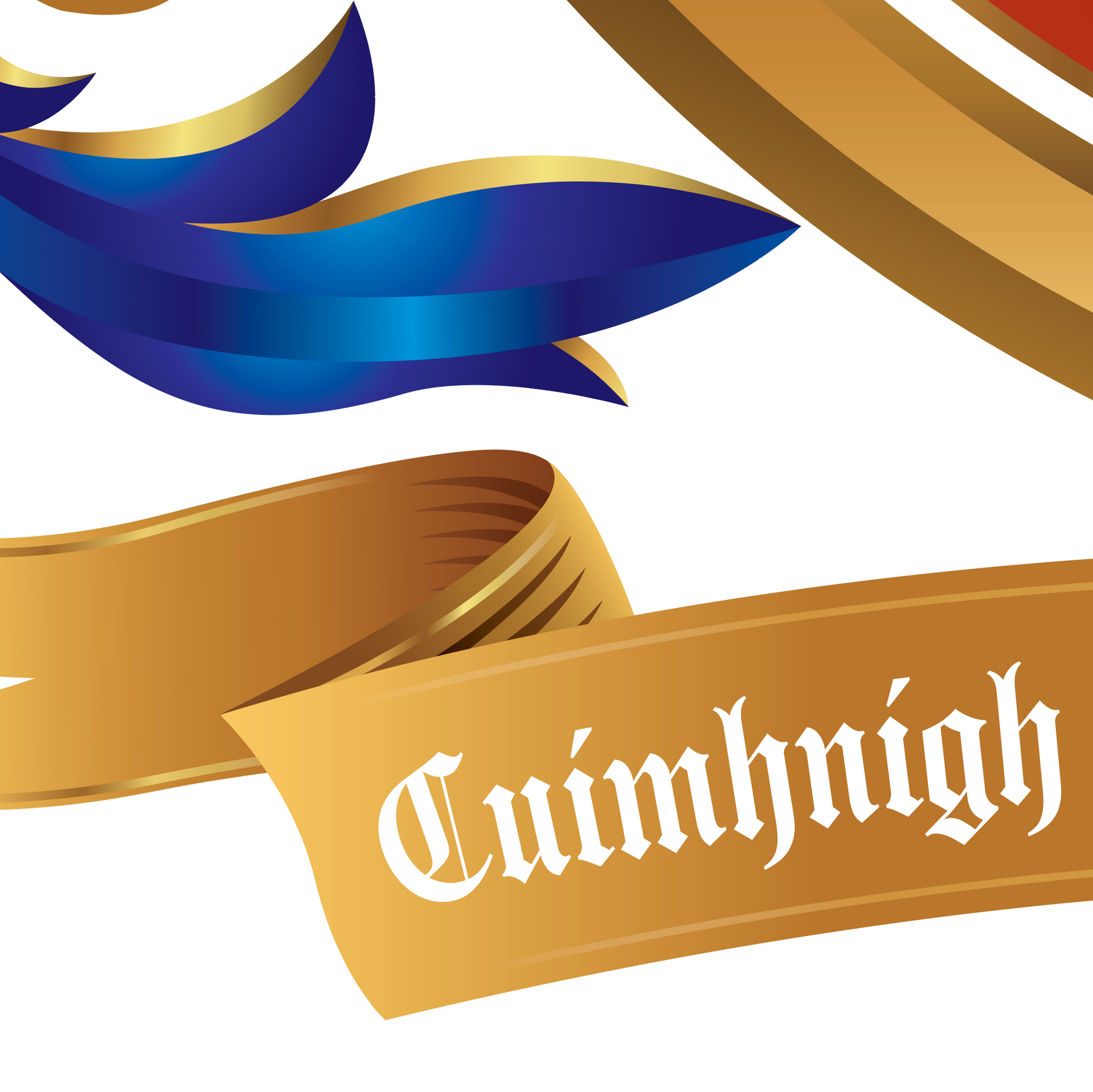 A close-up graphic of a gold motto ribbon banner with white gothic lettering reading 'Cuimhnigh' on a white background, with blue and gold mantling above.