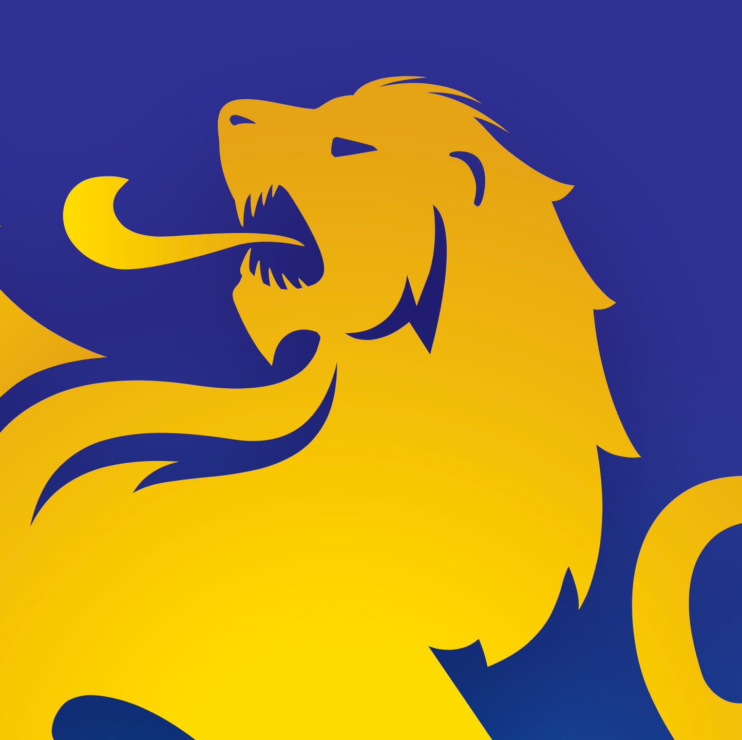 A closeup of the gold lion head on a blue background, with the lion's tongue extended and part of its mane and tail visible.