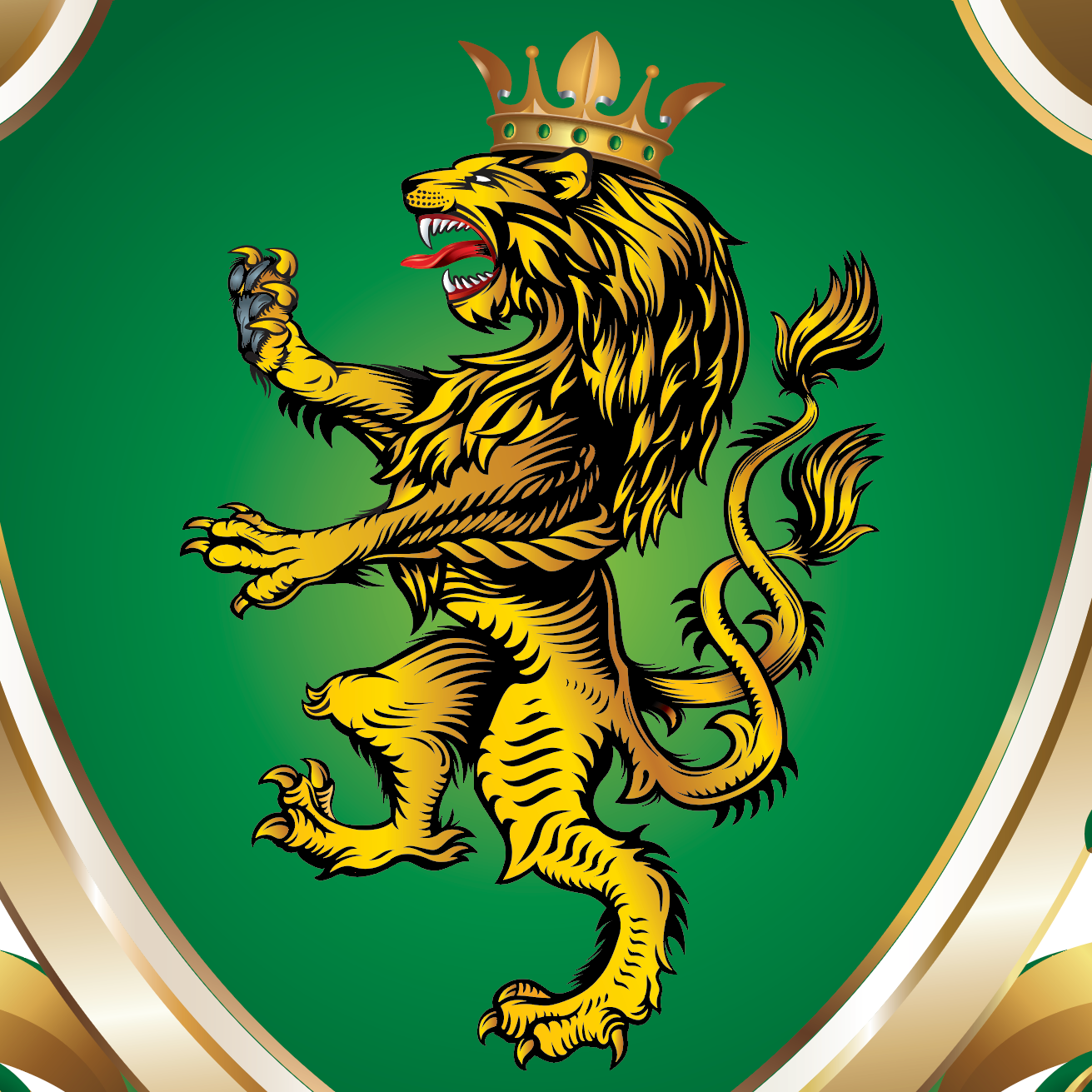 A close up from the family crest showing a crowned golden lion rampant on a green shield