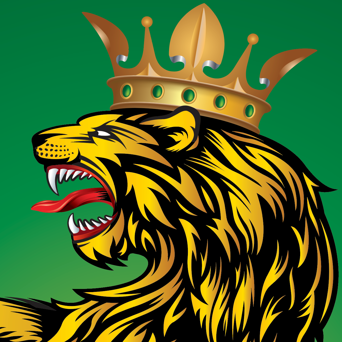 A close up of the family crest showing a roaring lion wearing a golden crown on a solid green background.