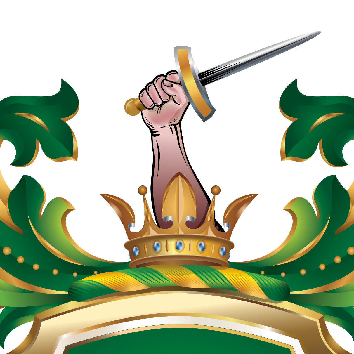 A close up from the coat of arms showing a raised hand holding a sword above a gold crown, with green and gold decorative flourishes and a green shield at the bottom.