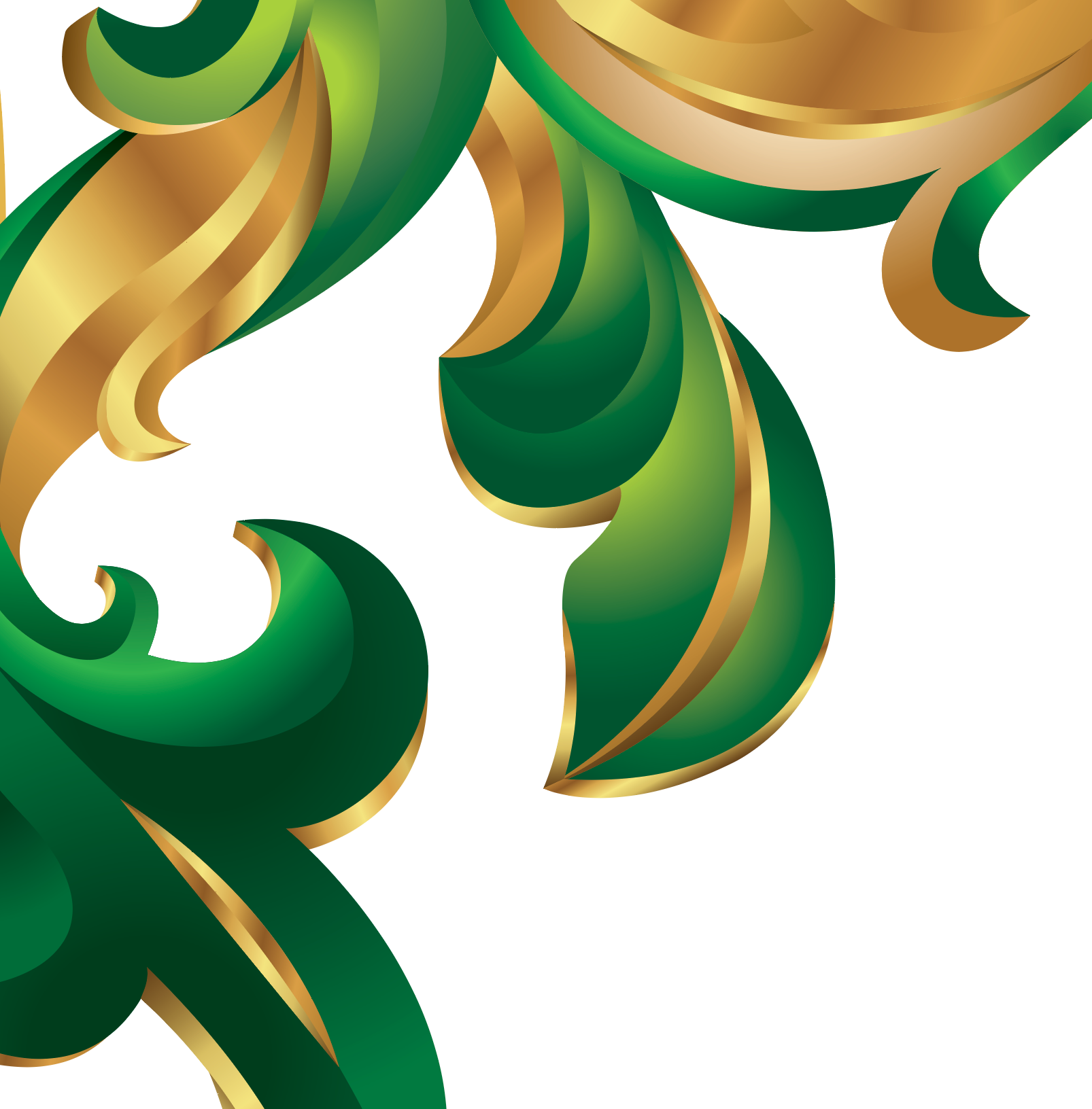 A close up from the coat of arms showing green and gold mantling on a white background.