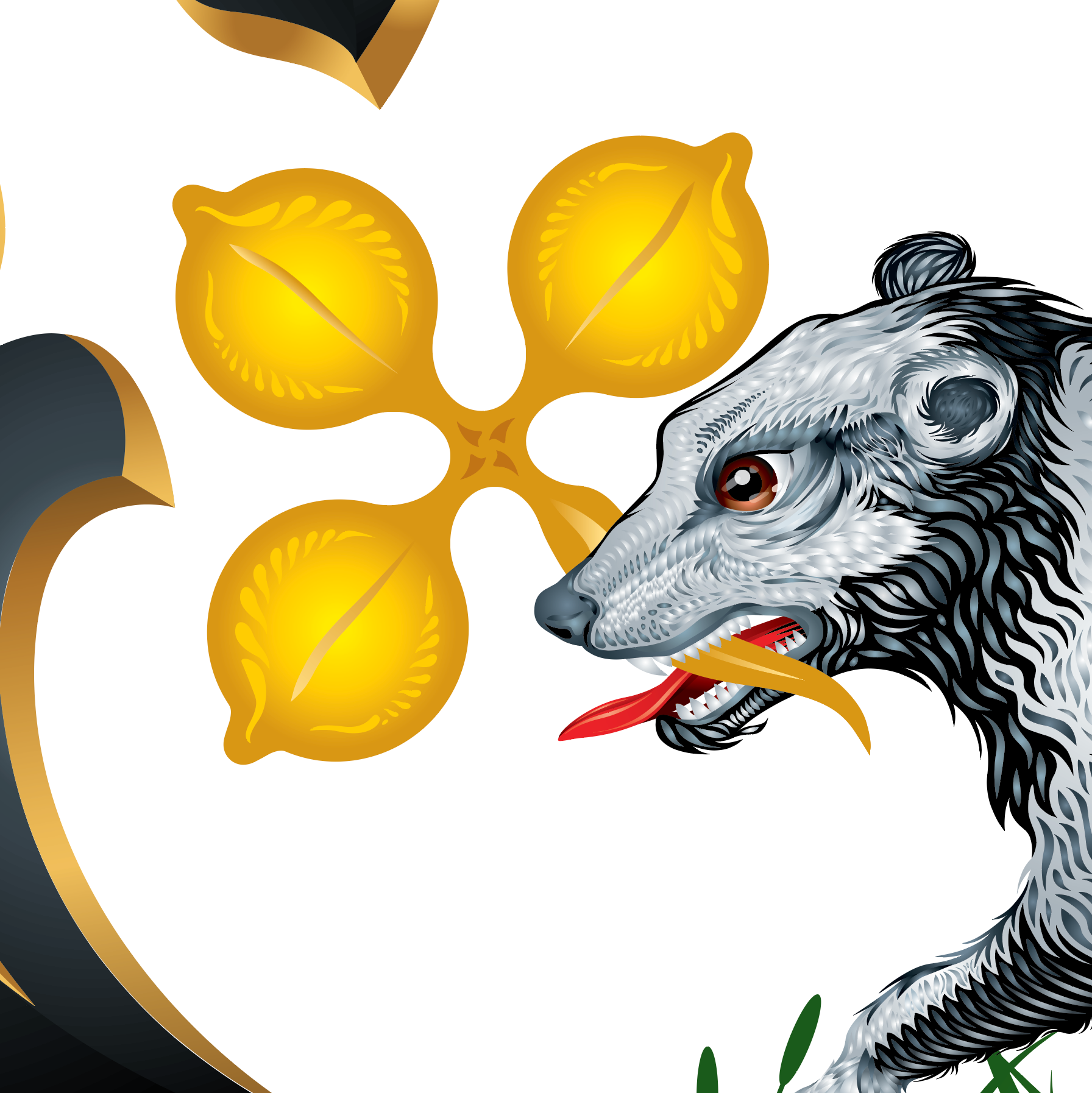 A stylised heraldic illustration featuring a gray and black ermine head with a red tongue and yellow beak, positioned beside four large golden trefoil on a white background with black mantling.