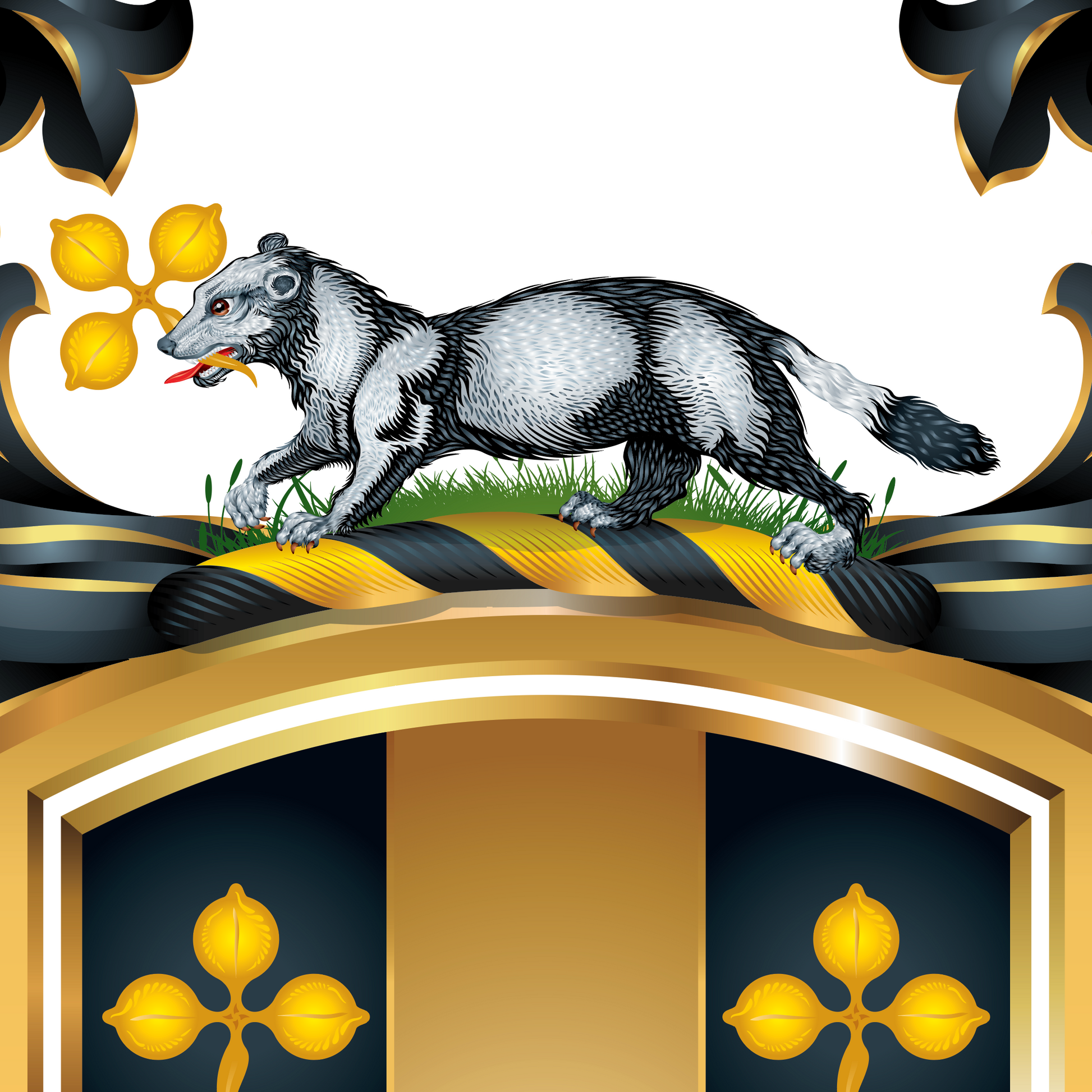 A heraldic-style illustration of a gray and black ermine stoat with a red tongue, walking on grass over a gold and black crest with yellow floral motifs on a white background.