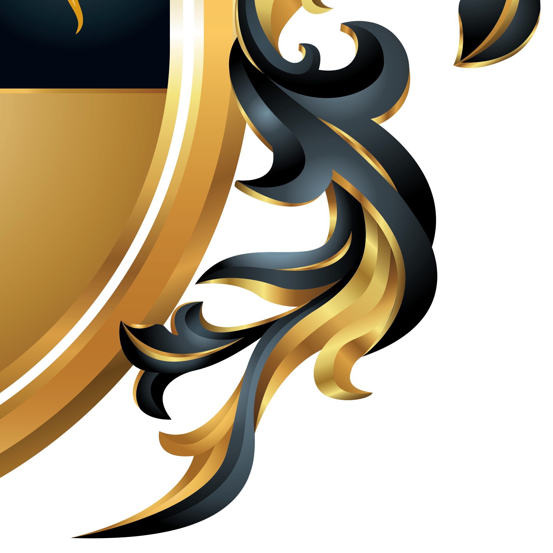 A close-up decorative crest or emblem featuring a gold border, ornate black-and-gold mantling on a white background.