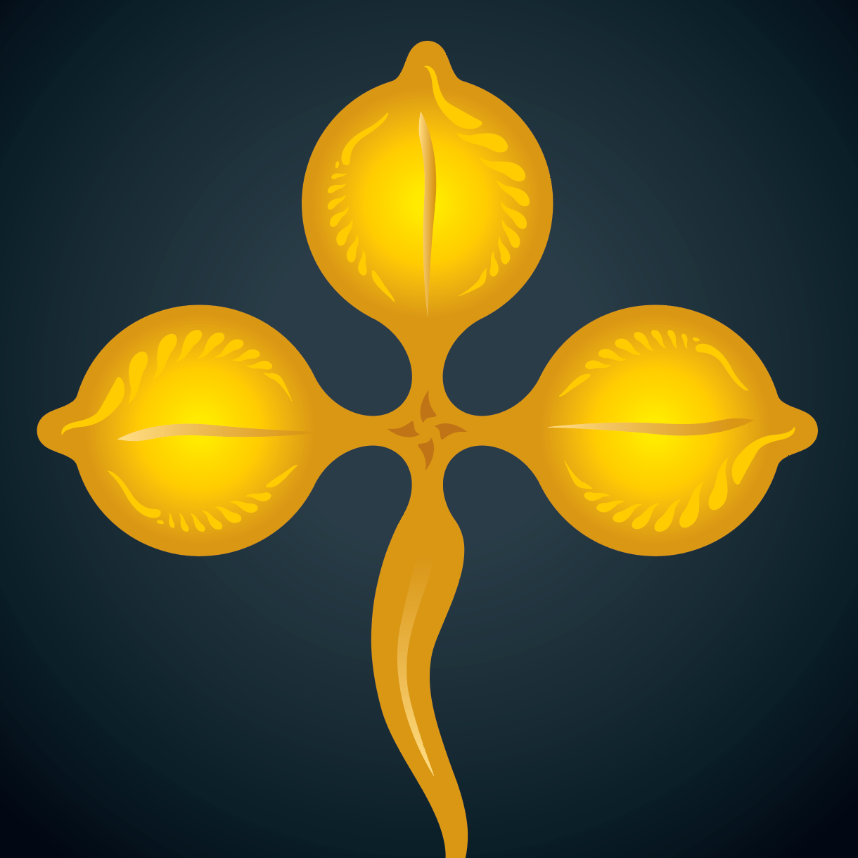 A stylized goldenthree-petal emblem or flower-like symbol centered on a dark background.
