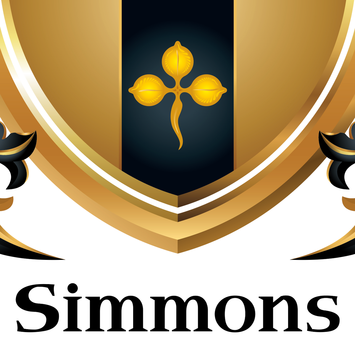A gold and black heraldic shield crest with a yellow three-petal motif in the center, above the word 'Simmons' in black serif text on a white background.