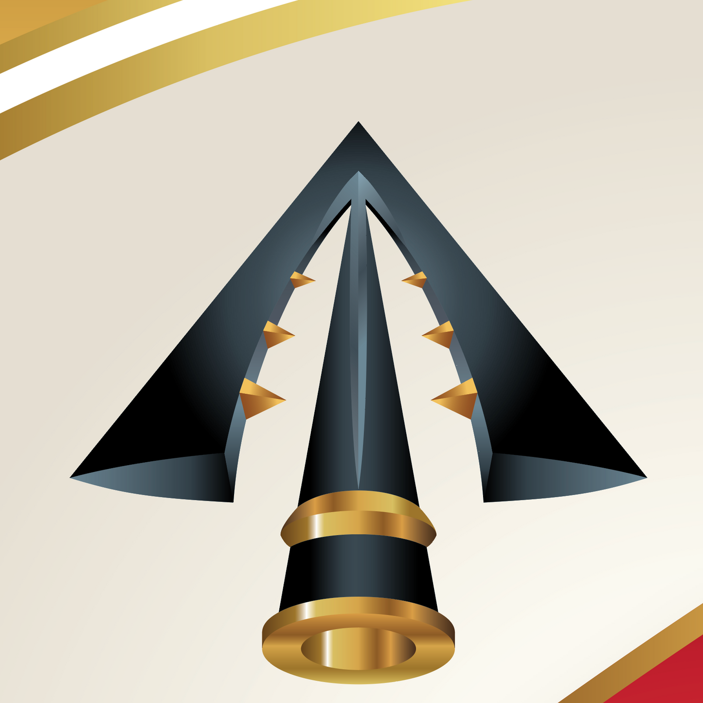 A closeup of a gold rimmed black arrowhead on the family crest