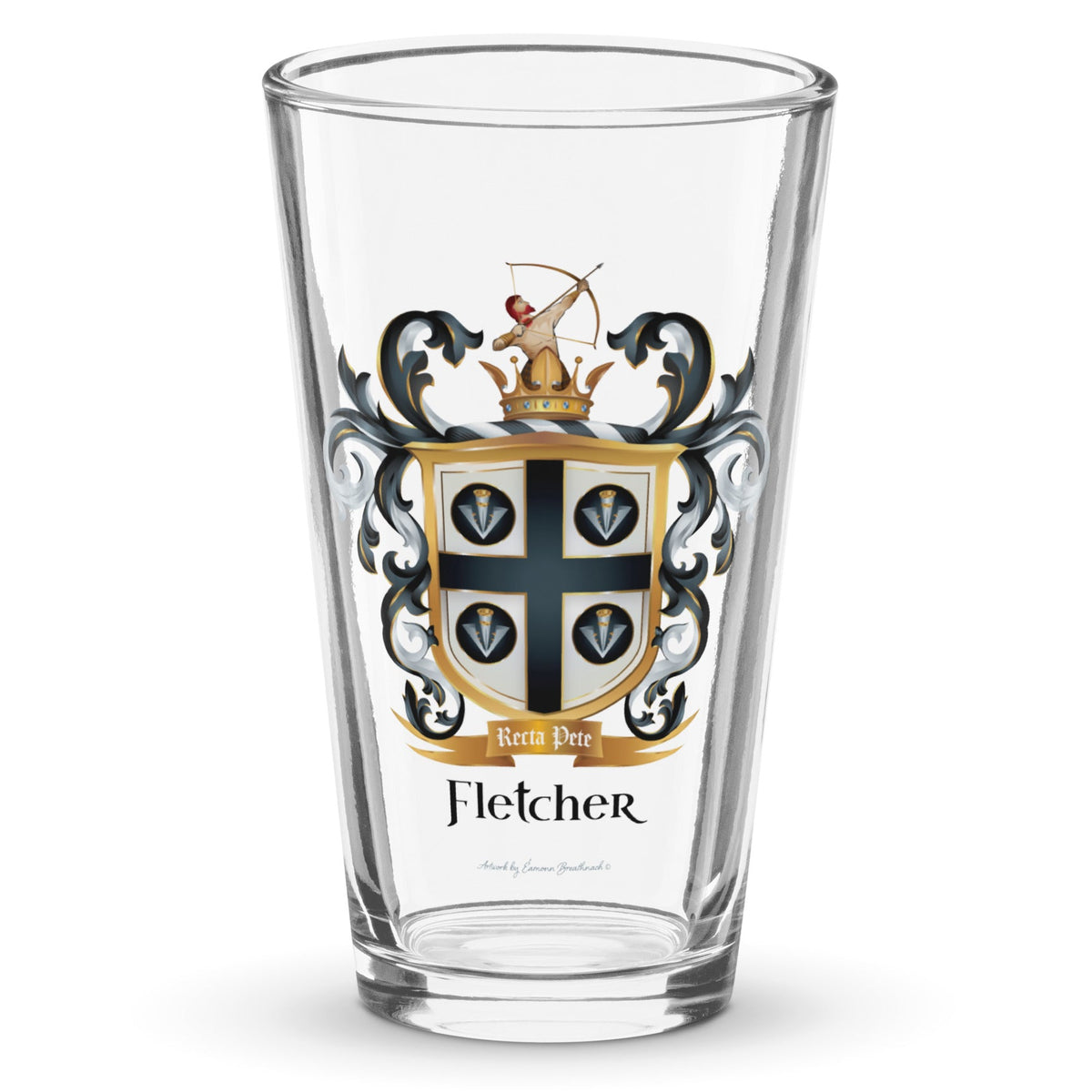A clear classic pint beer glass on a white background, printed with the Fletcher Family Crest featuring an archer and 4 arrow heads.