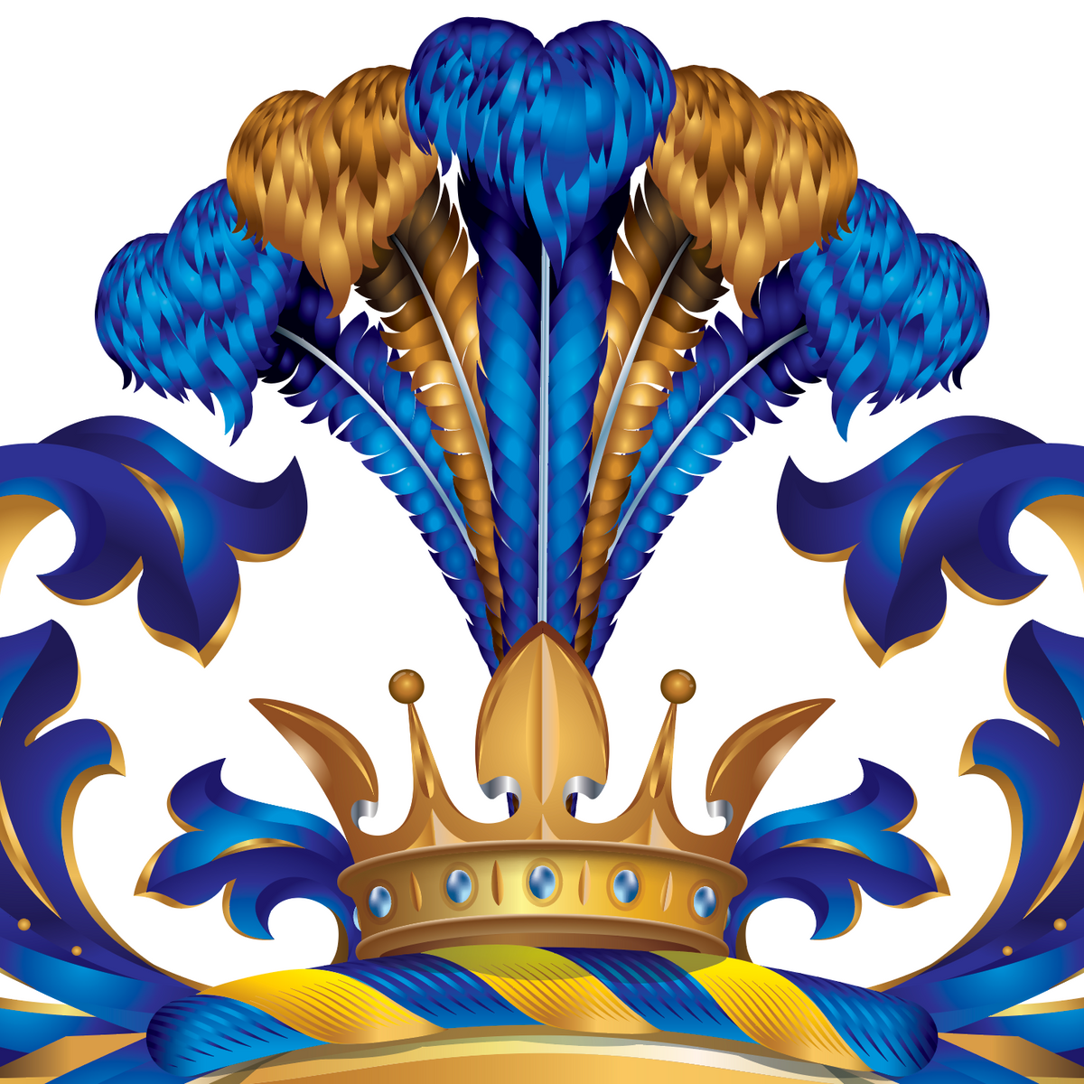 A closeup of the Flores Family Crest featuring a gold crown, blue and gold feathers, and blue mantling on a white background.