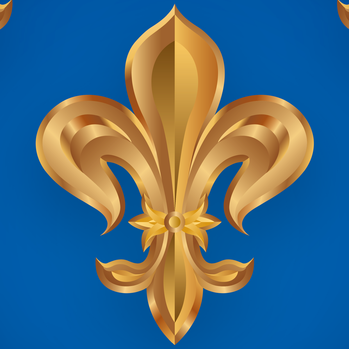 A closeup of the Flores Family Crest with a gold fleur-de-lis emblem centered on a vivid blue background.