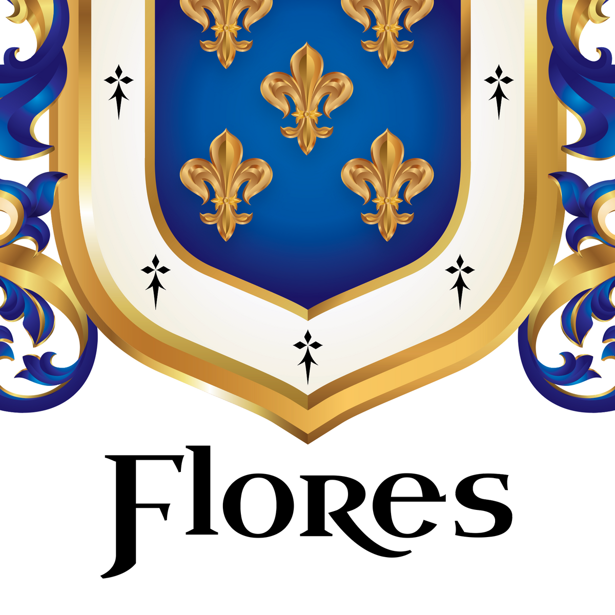 A closeup of the Flores Family Crest with a blue shield, 5 gold fleur-de-lis, blue and gold mantling, and the name 'Flores' in black heraldic text below on a white background.