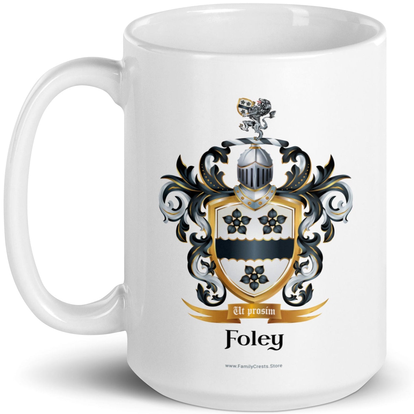 White mug with a family crest and name 'Foley' on a white background
