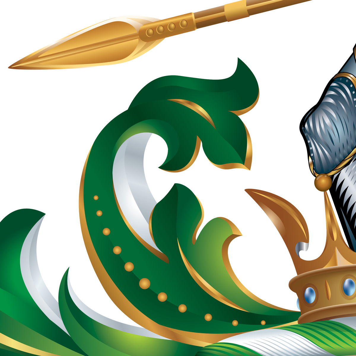 A close-up of the Foster Family Coat of Arms featuring green and white mantling, with gold borders on a white background, with a spear tip appearing slightly above it.