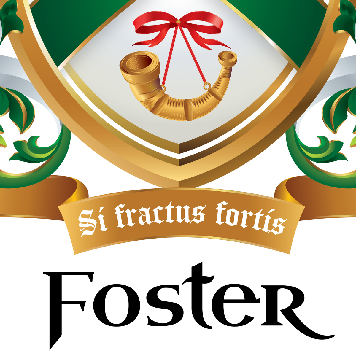 A close-up of the lower half of the Foster Family Coat of Arms featuring a gold hon on the shield, below it a Laton motto reading 'Si fractus fortis' and the name 'Foster' in black letters on a white background.