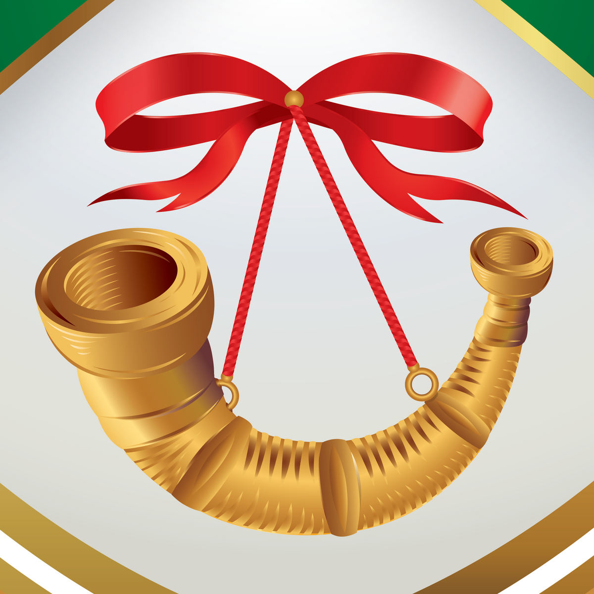 A close-up of the Foster Family Coat of Arms featuring a golden curved horn hanging from a red ribbon bow.