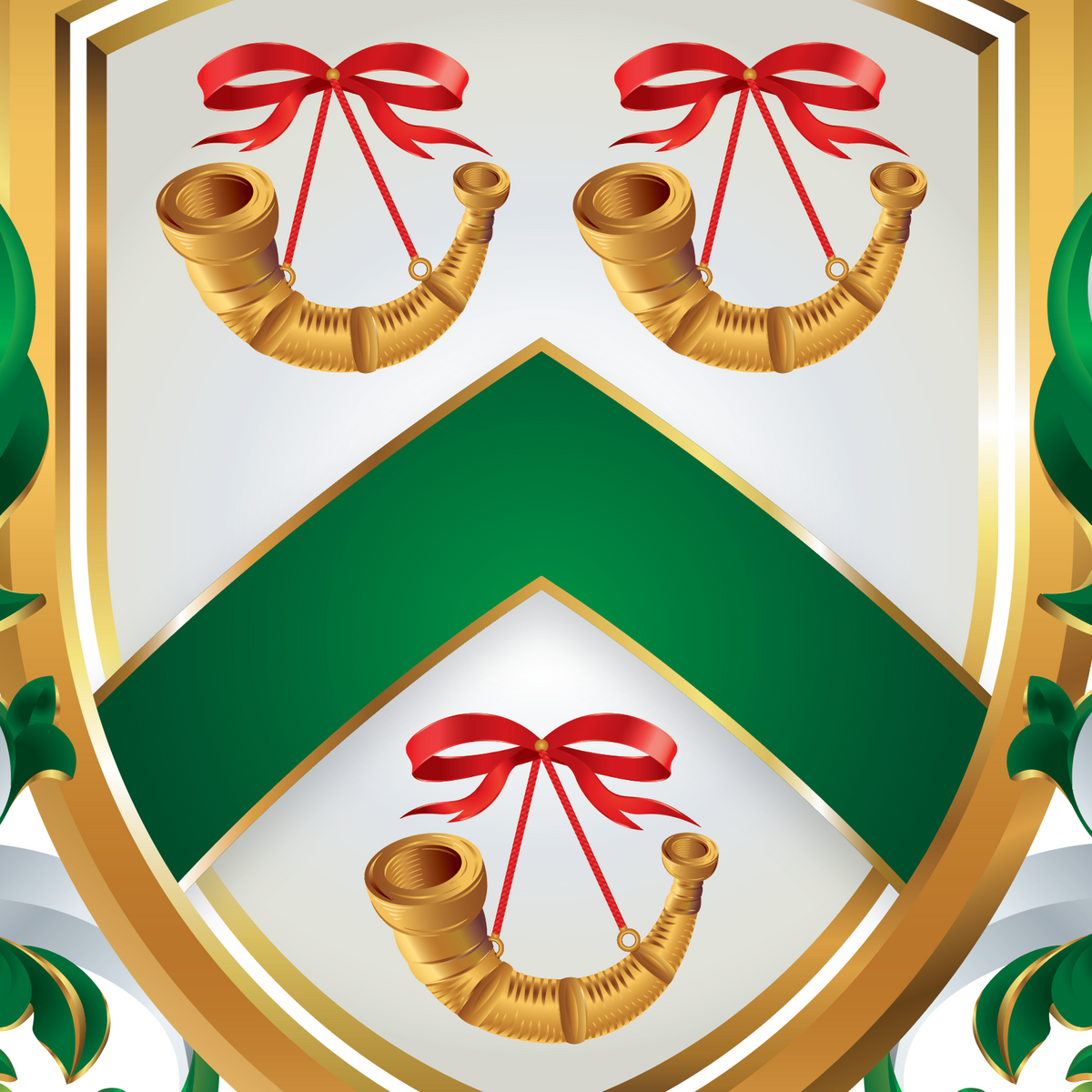 A close-up of the Foster Family Coat of Arms featuring heraldic shield crest with a gold border, green chevron, white field, and 3 gold horns tied with red bows near the top and bottom.