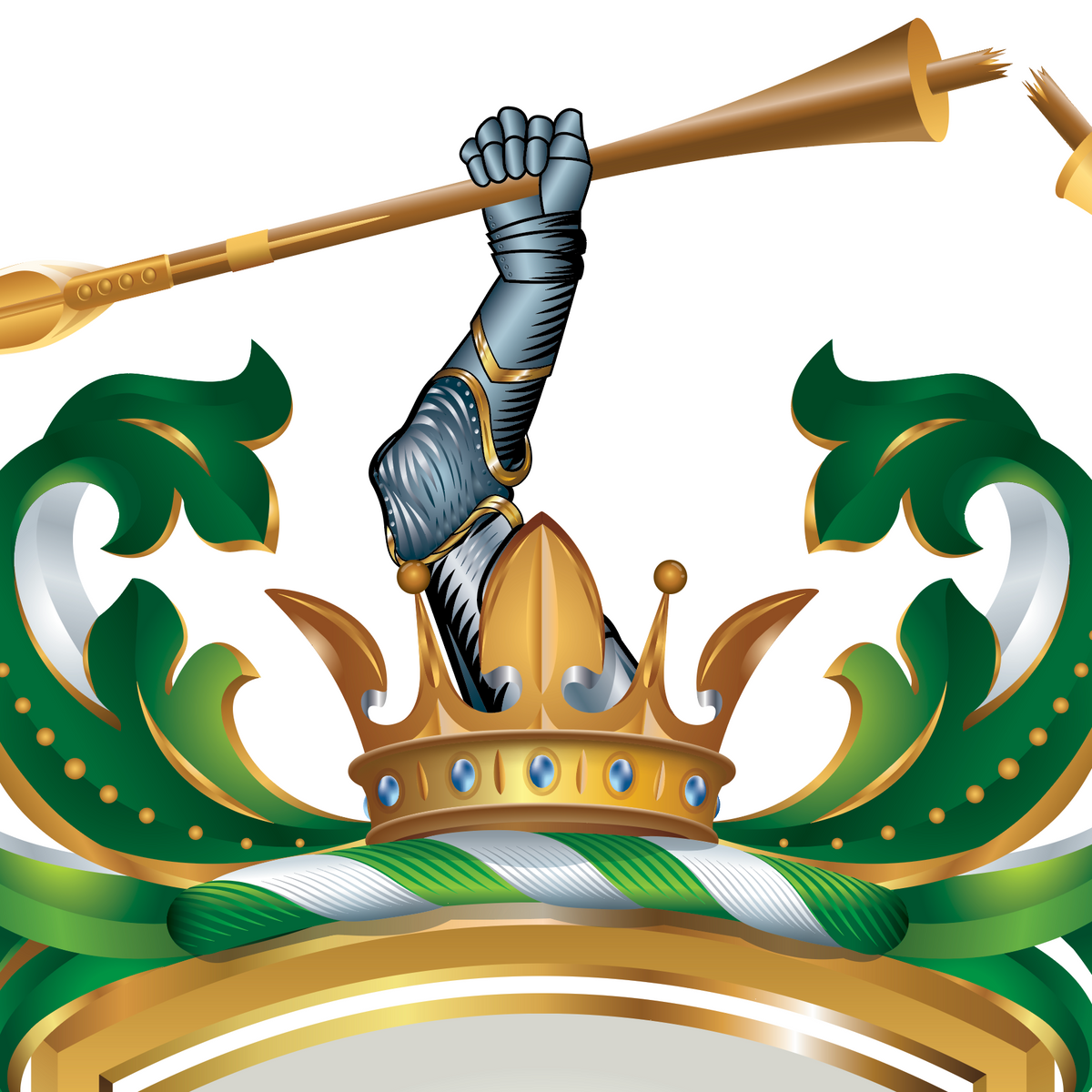 A close-up of the Foster Family Coat of Arms featuring a crown and arm with silver armour holding a gold spear.