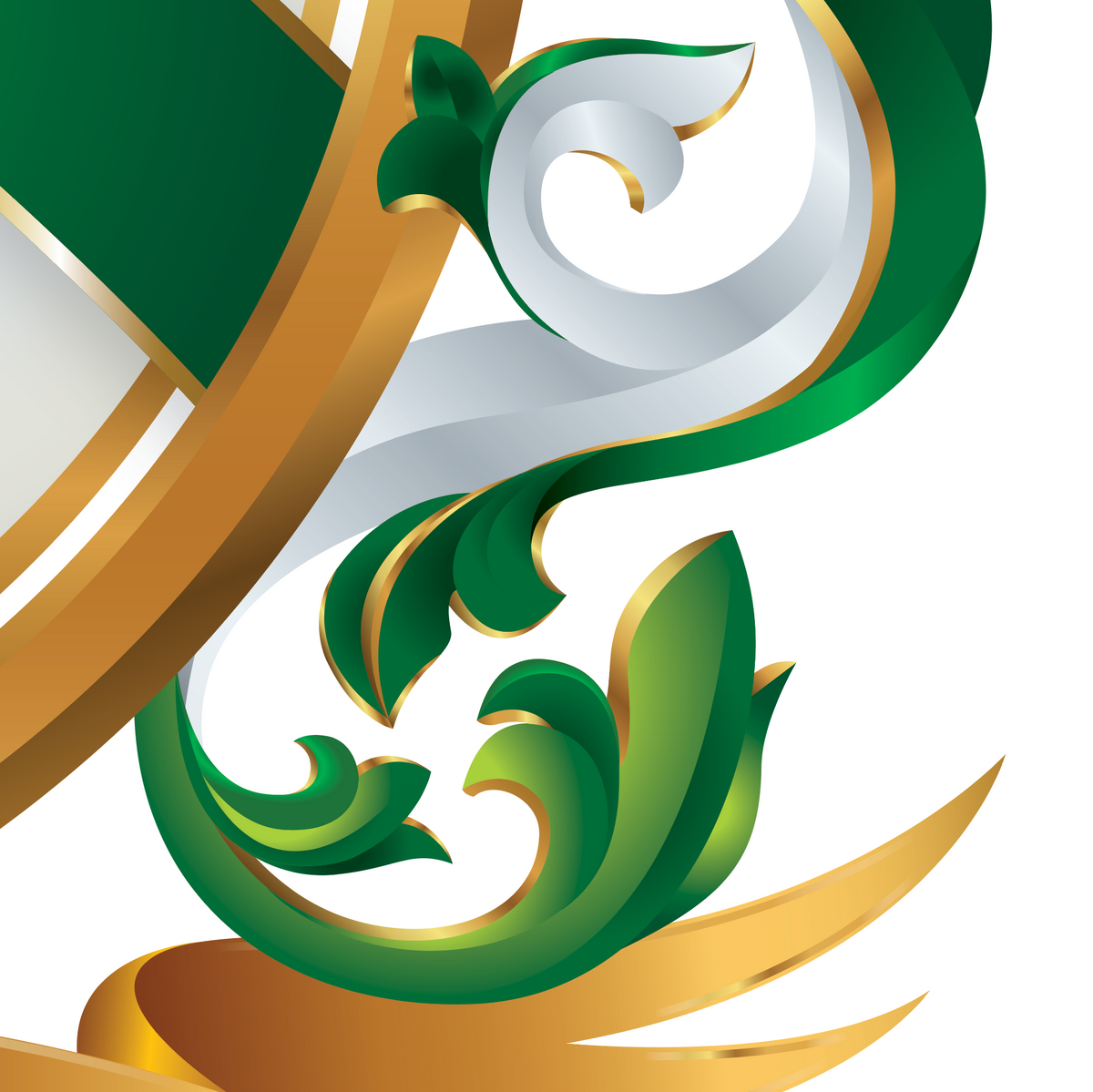 A close-up of the Foster Family Coat of Arms featuring green and white mantling, with gold borders on a white background.