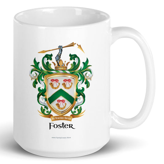 A white mug with handle to right, on a white background, printed with the Foster Family Coat of Arms featuring a white sheild with a green chevron and 3 gold horns.