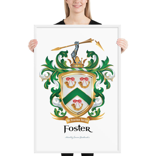 A woman standing in a white background, holding a white framed print of the Foster Family Coat of Arms featuring a white shield with a green chevron and 3 gold horns.