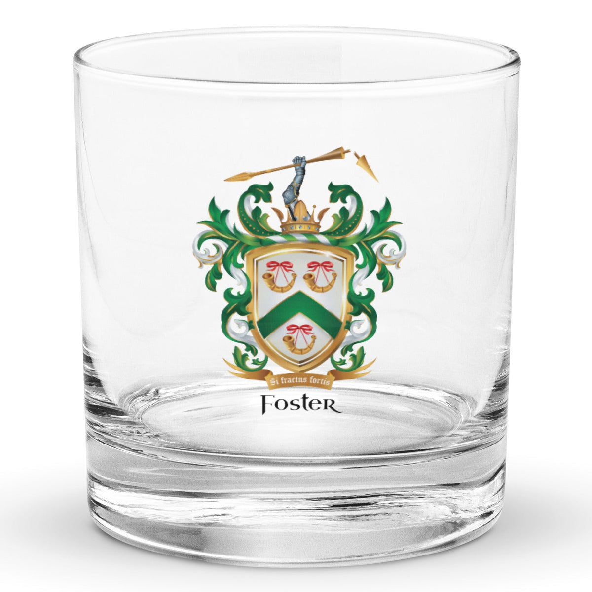 A clear classic heavy base rocks glass on a white background, printed with the Foster Family Coat of Arms featuring a white shield with a green chevron and 3 gold horns.