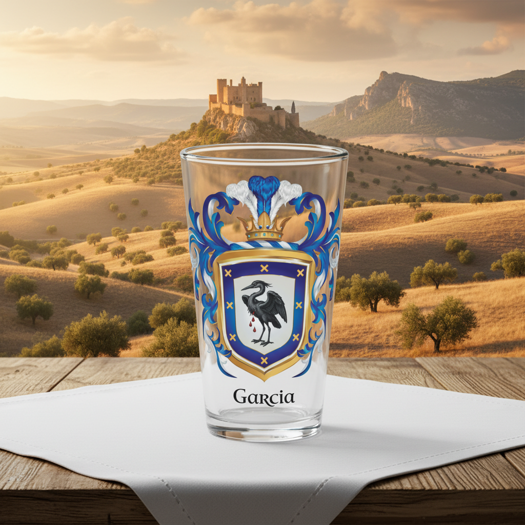 A clear beer pint glsss with a Garcia Family Crest showing a heron on a white and blue shield with the name Garcia under the coat of armour in black text, this mug is on a white table top with a landscape view in the background.