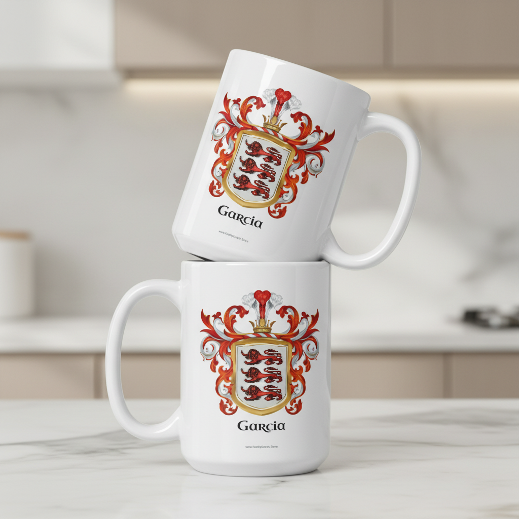 Two Garcia family crest white mugs with red and black coat of arms design stacked on each other.