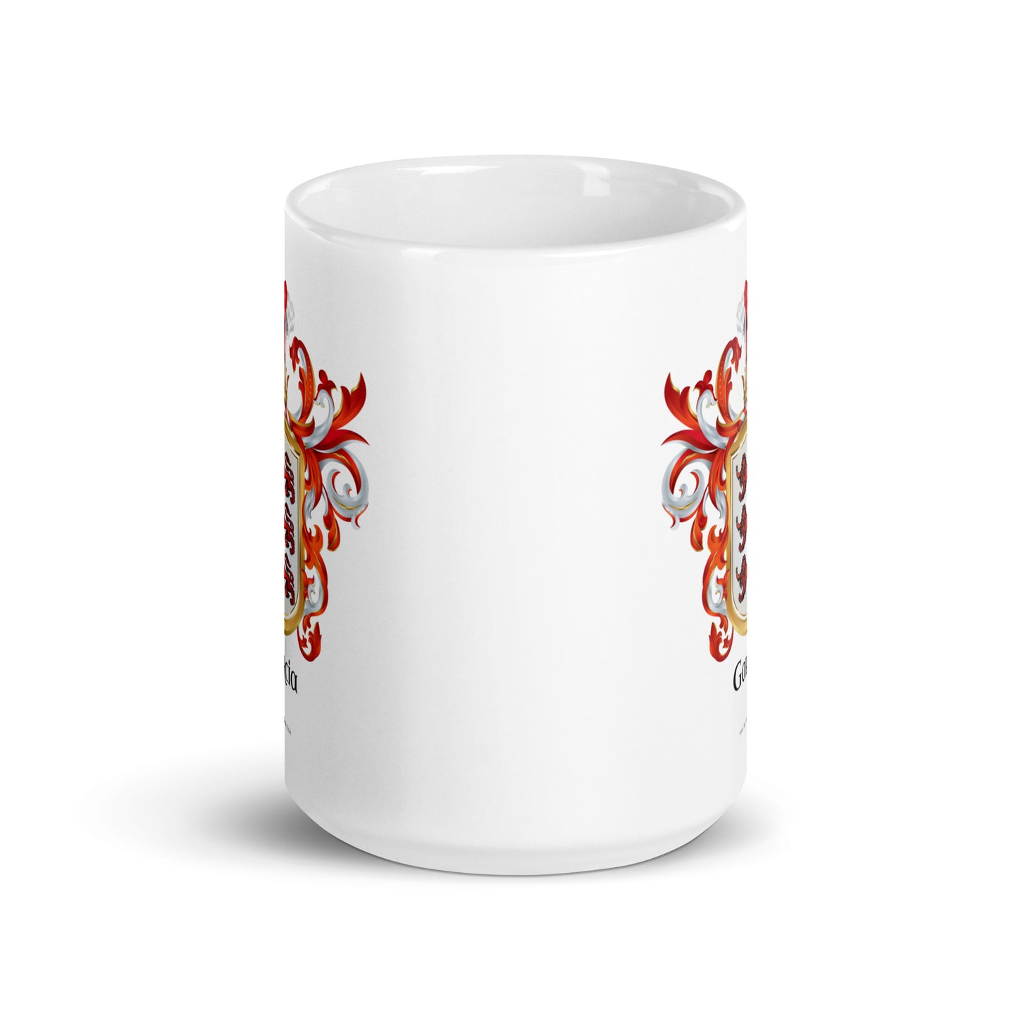 White mug with Garcia family crest showing both sides on a white background