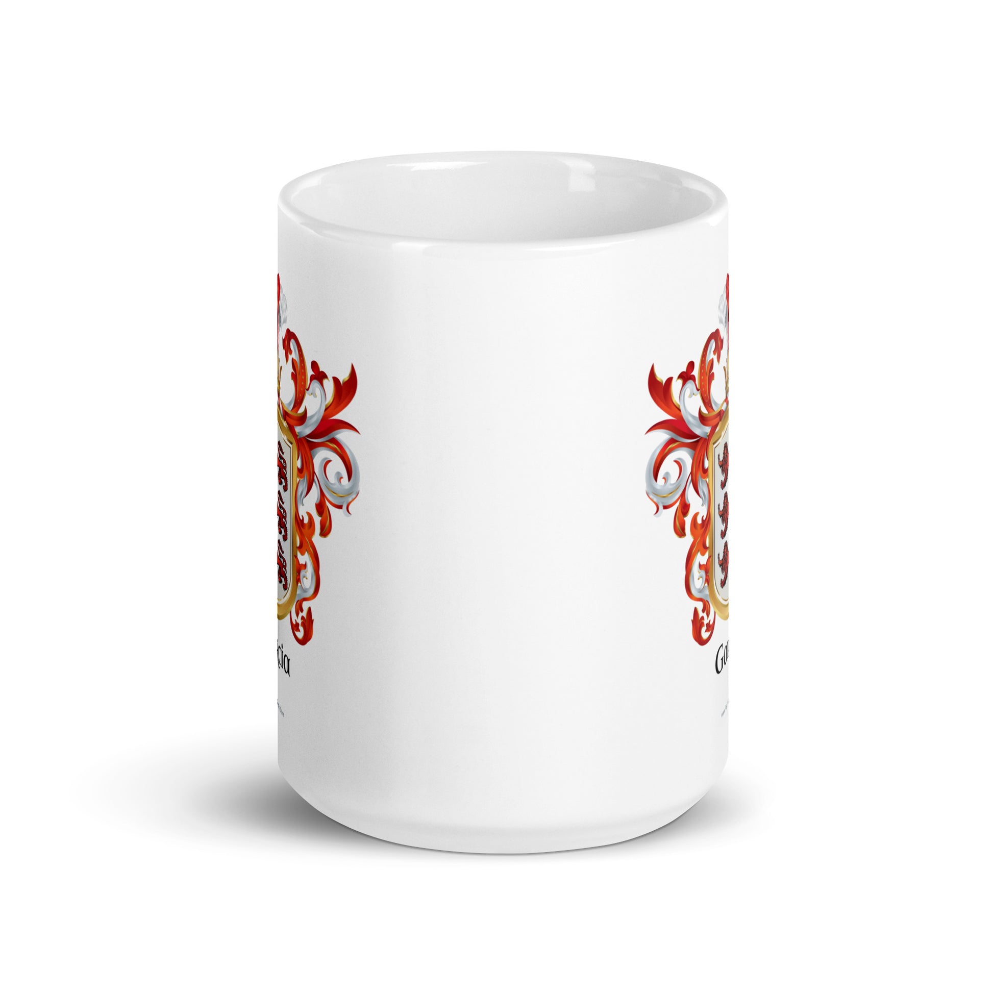 White mug with Garcia family crest showing both sides on a white background