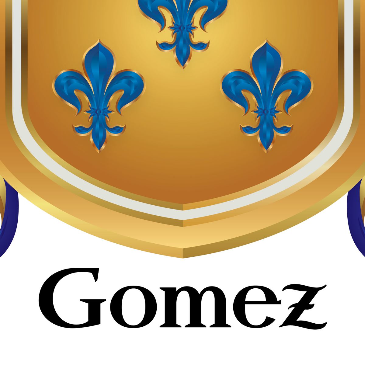 A closeup of the Gomez coat of arms featuring a gold shield with blue fleur-de-lis and the name 'Gomez' in black text below, shown on a white background.