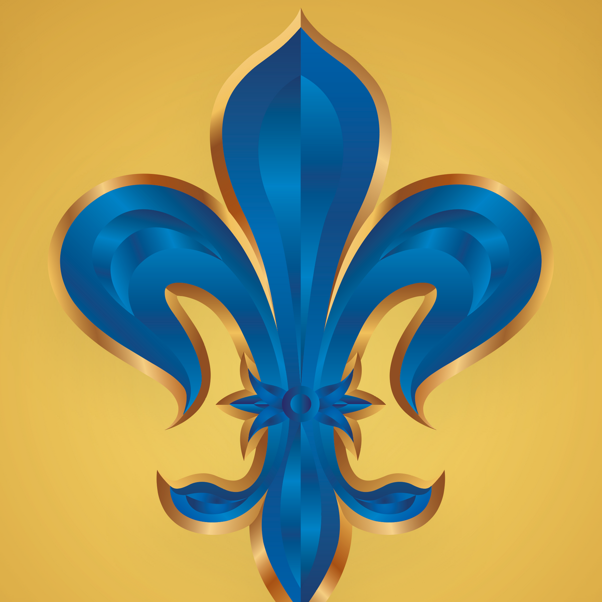 A closeup of the Gomez coat of arms featuring a blue fleur-de-lis emblem with gold metallic outlines on a warm gold background.