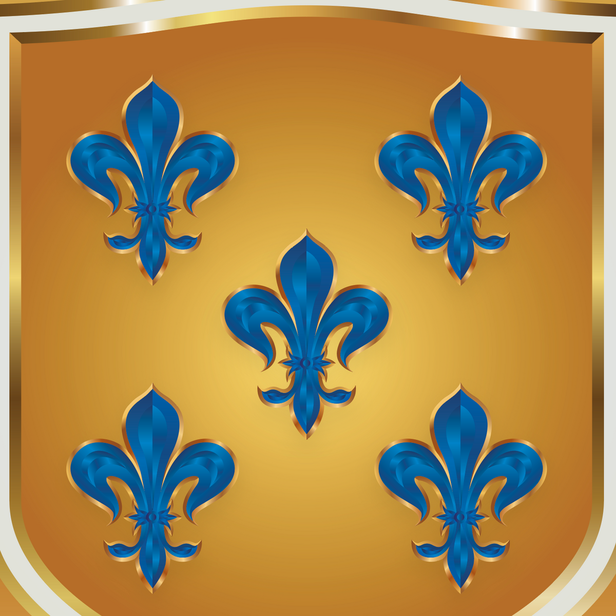 A closeup of the Gomez coat of arms featuring a gold shield featuring five blue fleur-de-lis symbols on a gold shield.