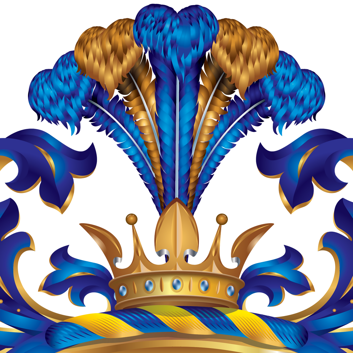 A closeup of the Gomez coat of arms featuring a gold crown at the center, surrounded by layered blue and gold feathers and ornate blue scrollwork on a white background.