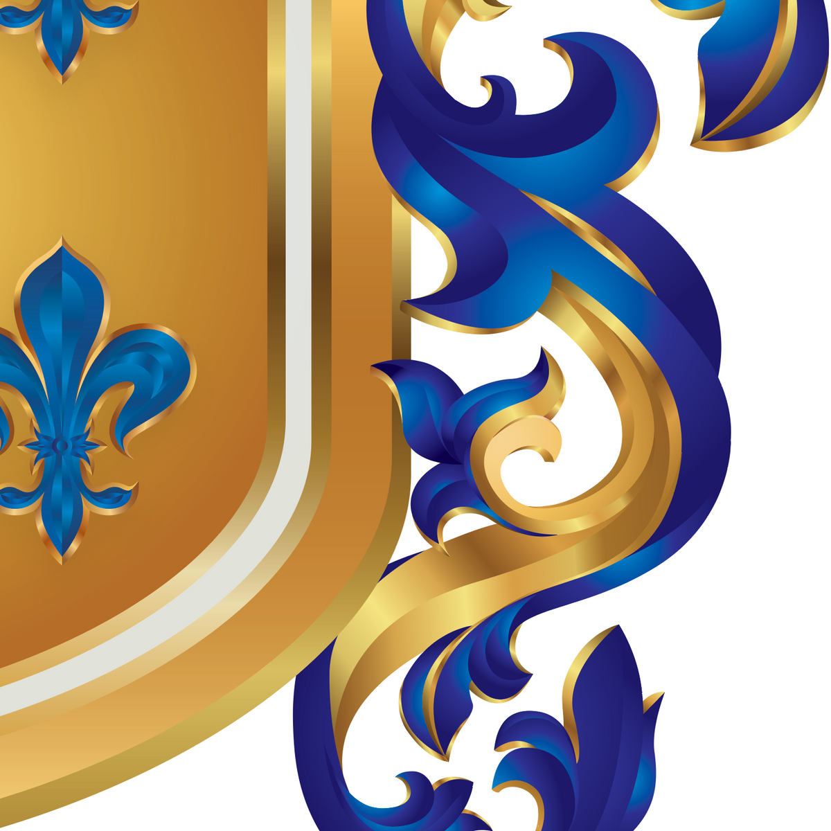 A closeup of the Gomez coat of arms featuring a gold shield with a blue fleur-de-lis on the left and an ornate blue scrollwork with gold edging on the right on a white background.