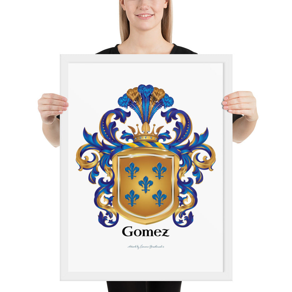 A woman standing in a white background, holding a white framed print of the Gomez Family Crest featuring 5 blue fleur-de-lis on a gold shield.