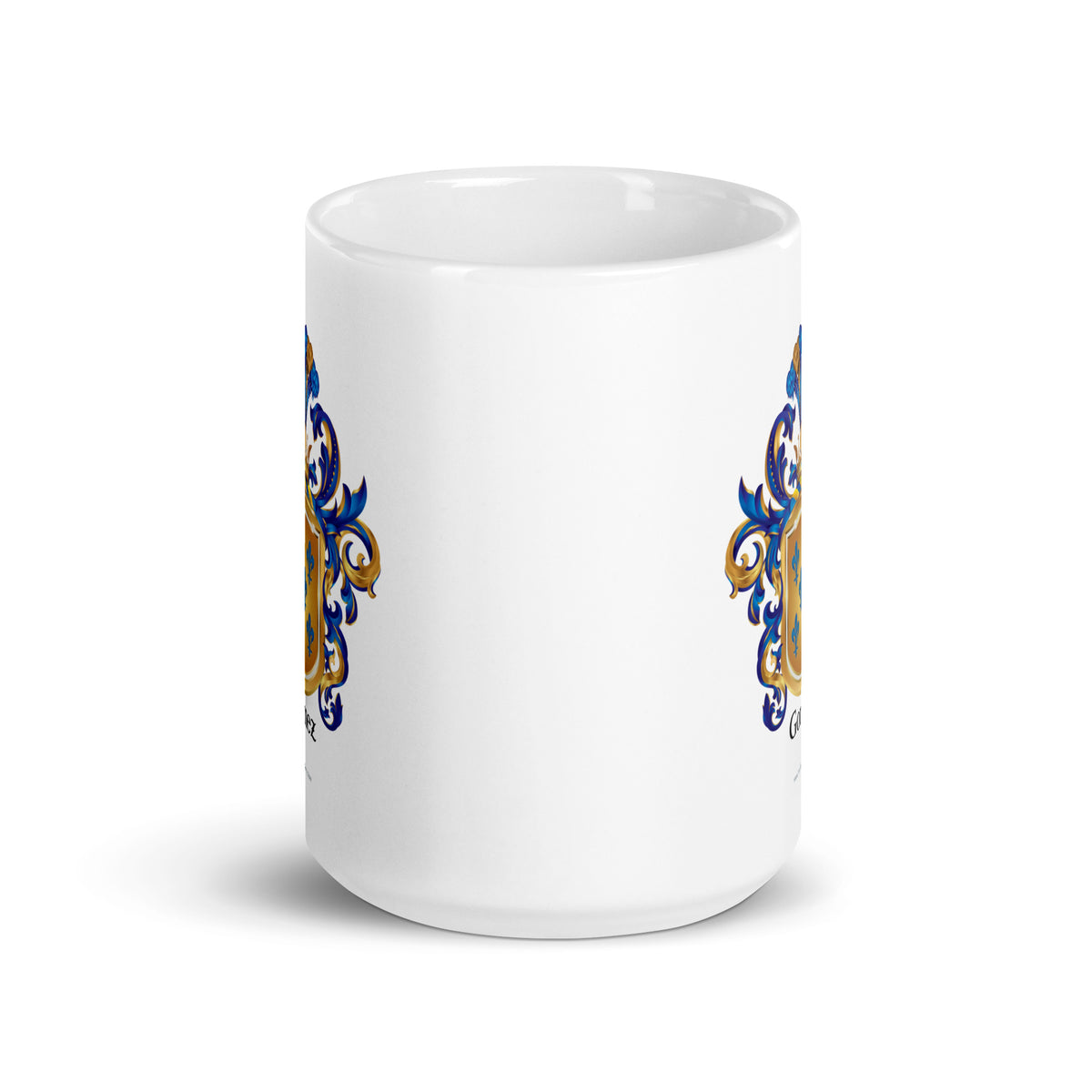 Gomez Family Crest mug showing crest on 2 sides