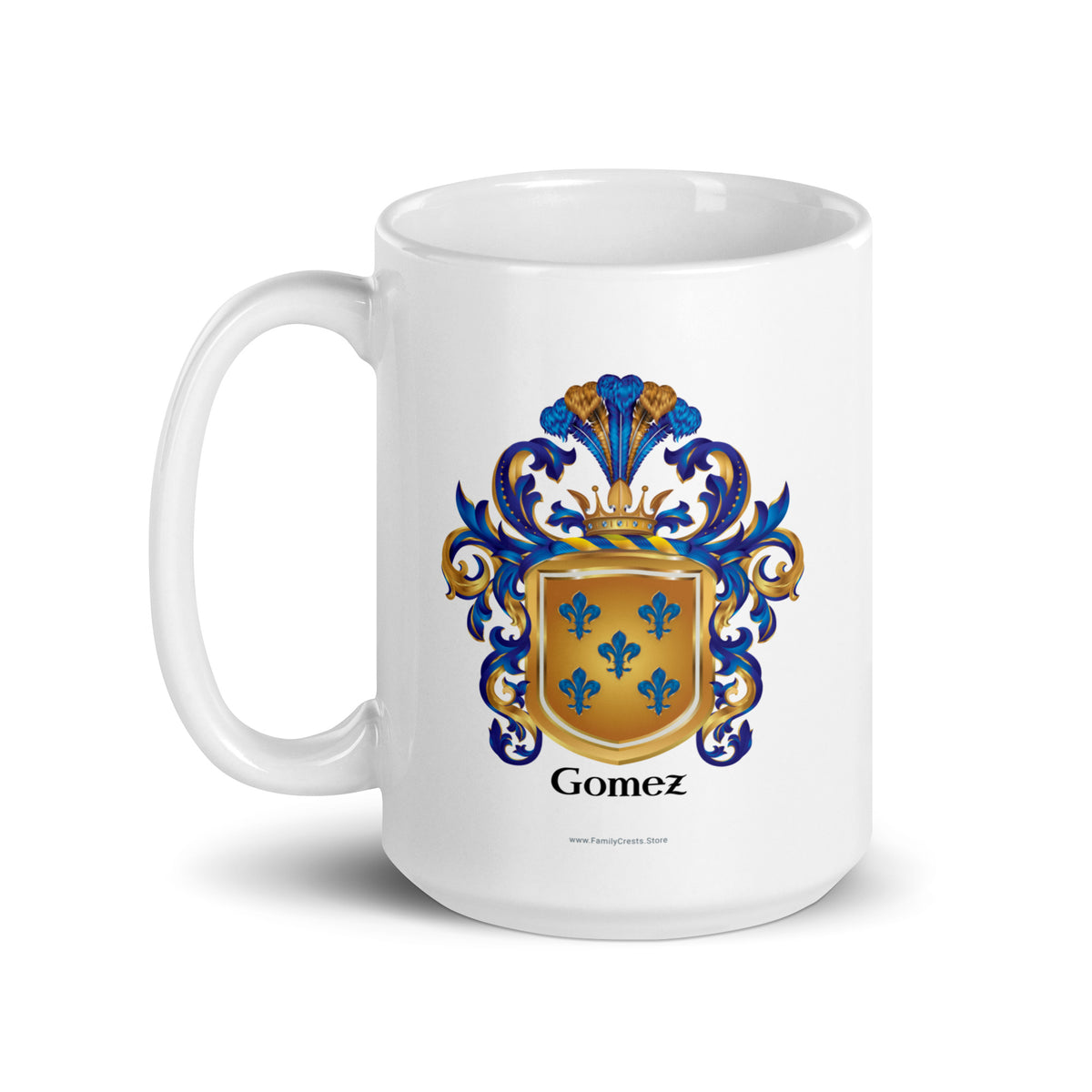 Gomez Family Crest mug with handle on left