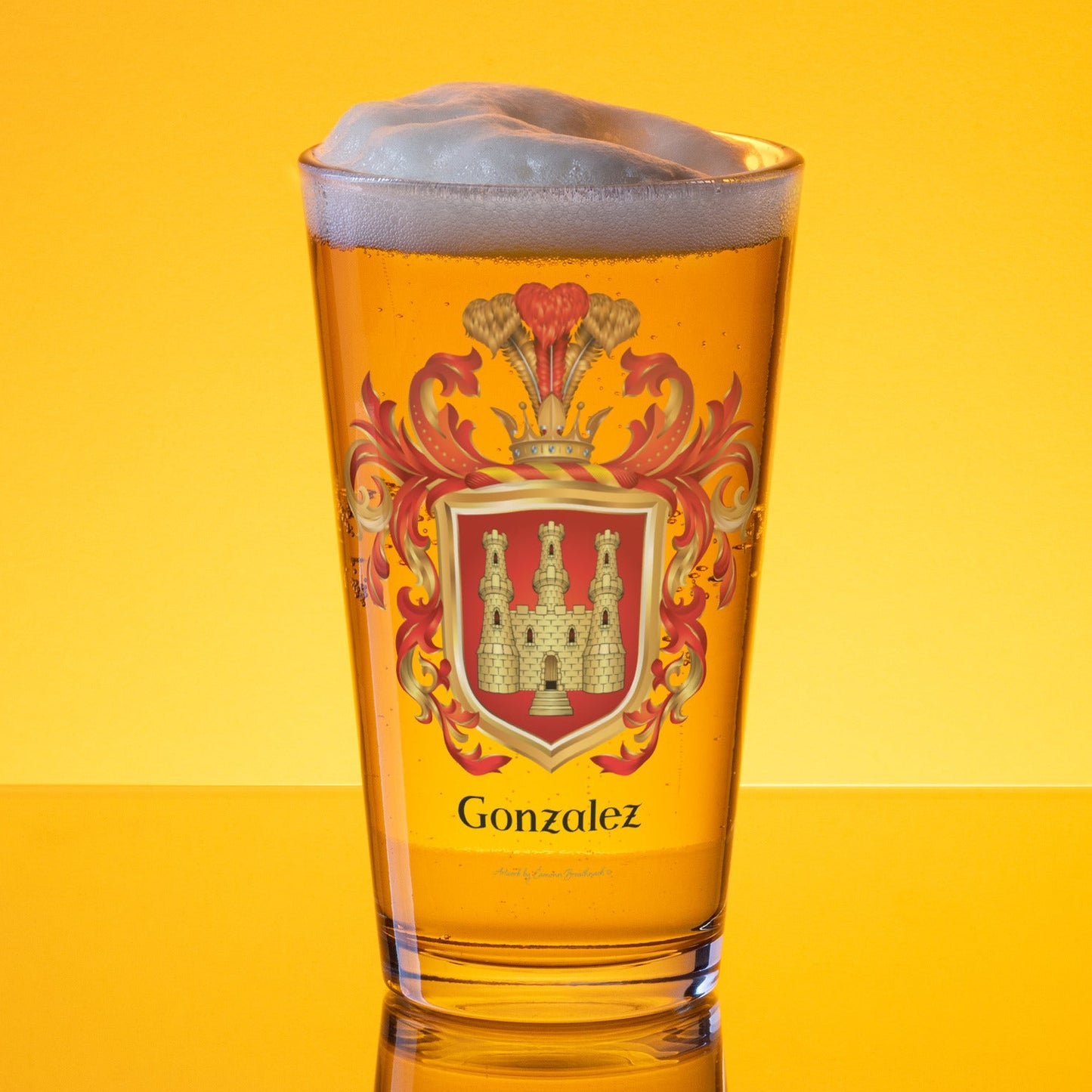 A pint glassfull on golden beer with the Gonzalez Family Crest featuring a golden castle with 3 towers on a red shield pictured on a bright golden background