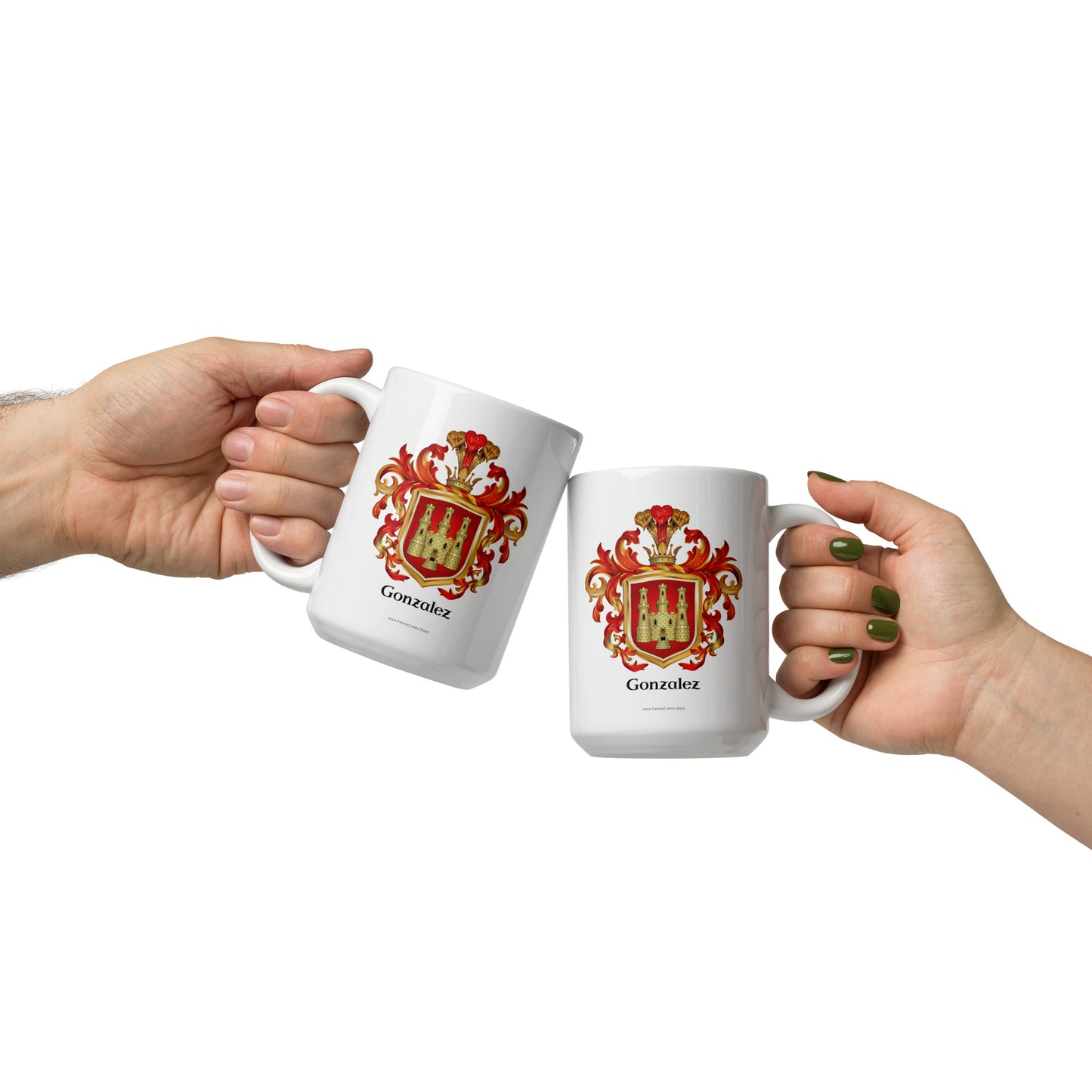 Two hands holding white mugs with a Gonzalez Family Crest design on a white background