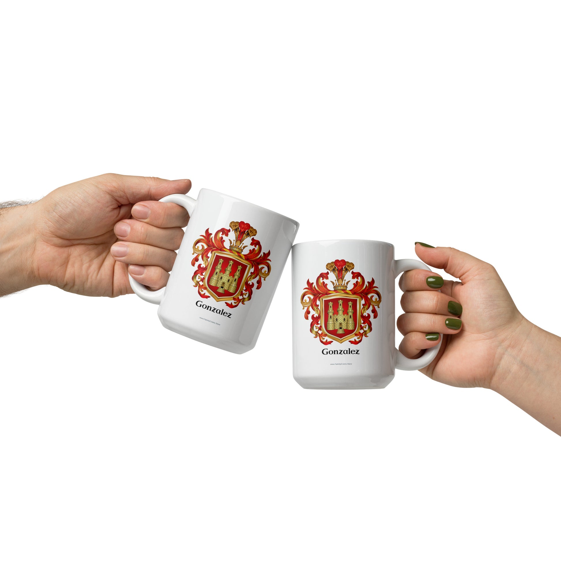 Two hands holding white mugs with a Gonzalez Family Crest design on a white background