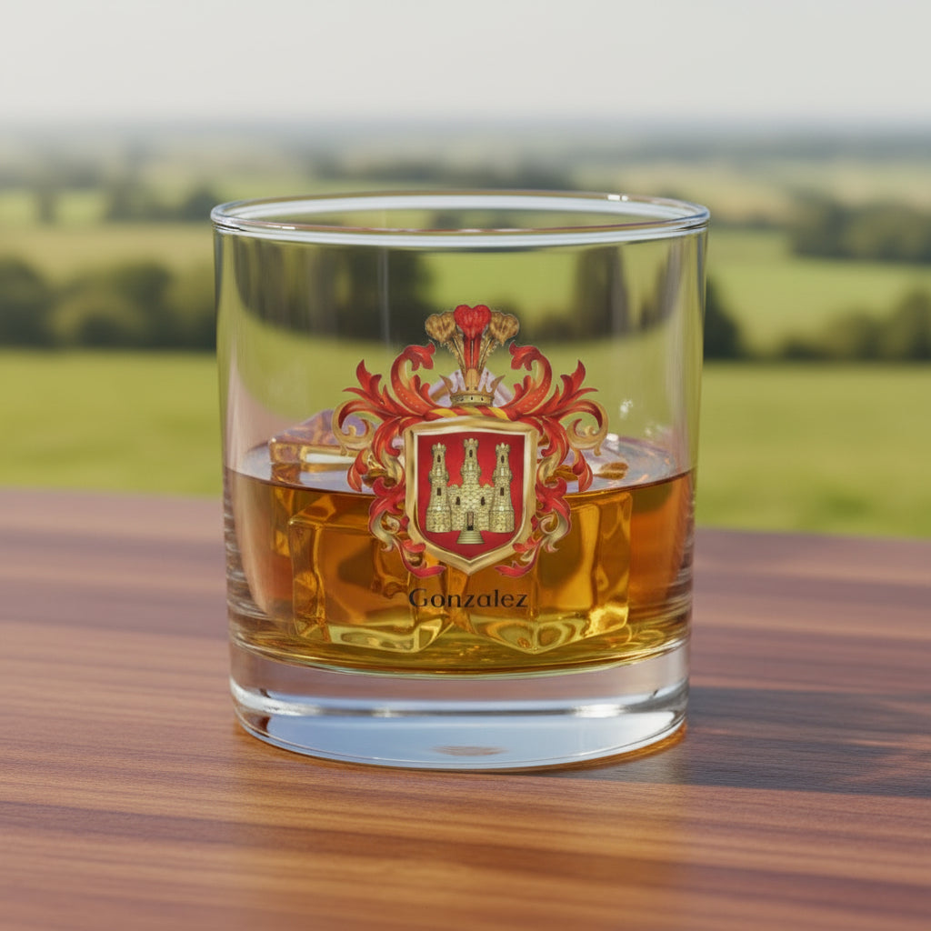 The Gonzalez Family Crest rocks glass with a coat of arms on the front featuring a red shield with a gold castle with 3 towers 