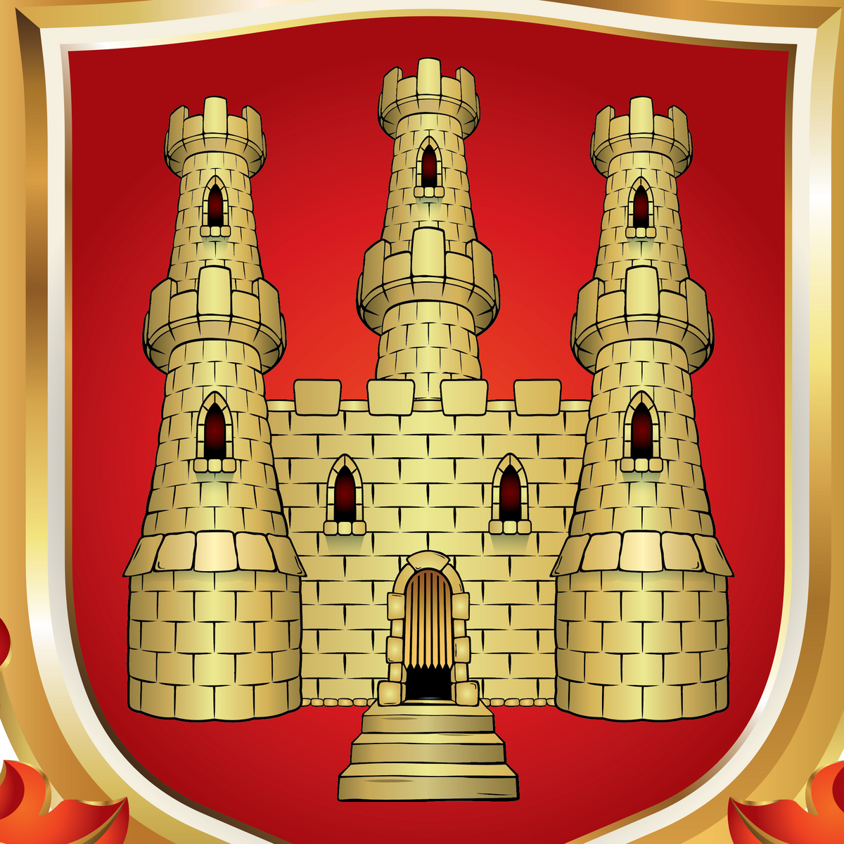 The Gonzalez Family Crest featuring a golden castle with three towers on a red background, surrounded by a gold and white border with red decorative flourishes.