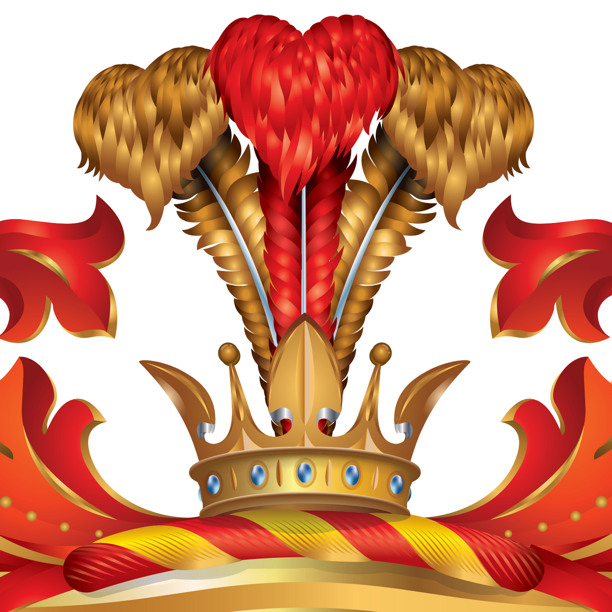 Gonzalez Family Crest closeup with a gold crown from which rise gold and red ostrich feathers.