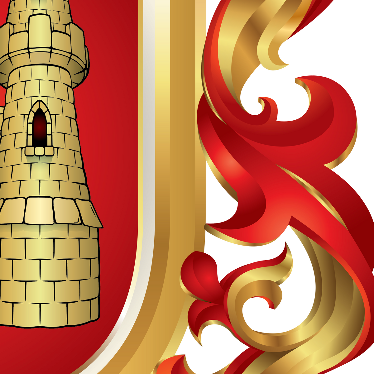 A heraldic-style graphic featuring a red shield with a gold tower on the left and ornate red and gold mantling scrollwork on the right, set against a white background.