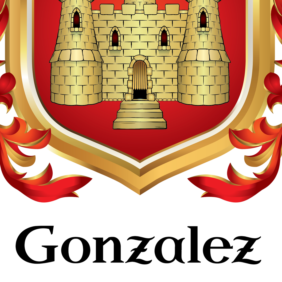 Closeup of the Gonzalez Family Crest with a gold castle on a red shield, framed by a gold border and red mantling scroll accents, above the word 'Gonzalez' in black serif text on a white background.