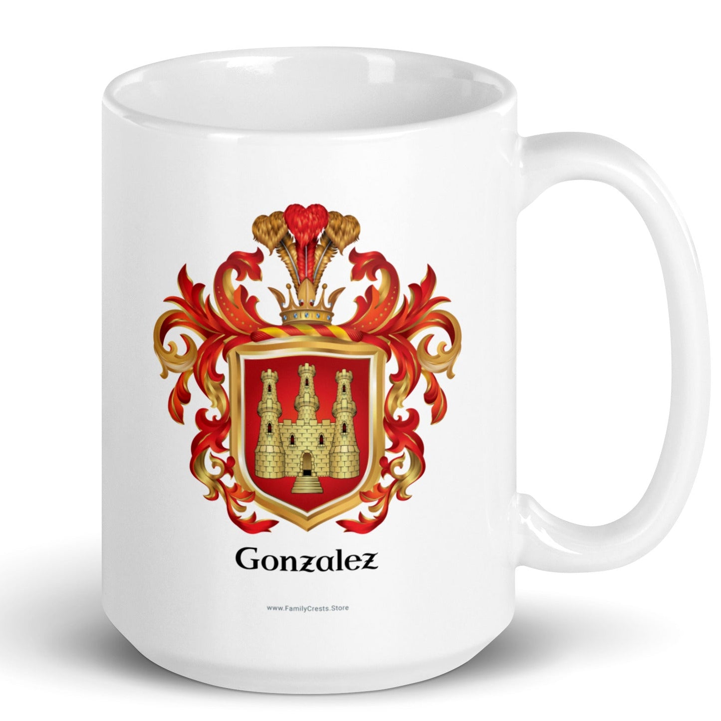 A white mug with the Gonzalez Family Crest featuring a golden castle with 3 towers on a red shield pictured on a white backgroud